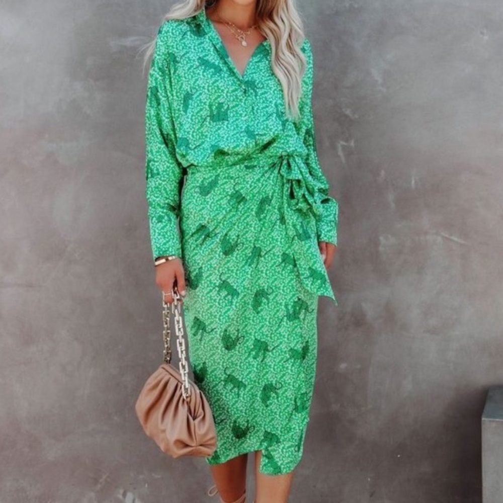 VICI Jaguar Cheetah Leopard Set Green Satin Wrap Midi Skirt and Shirt